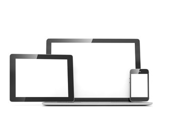laptop, tablet, phone, on white. 3d rendering.