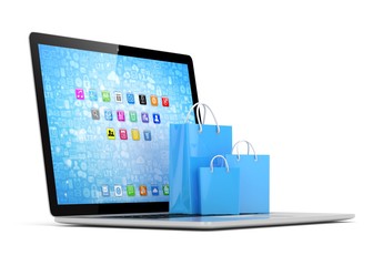 laptop and  shopping pags on white background. 3d rendering.