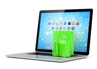laptop and  shopping pags on white background. 3d rendering.