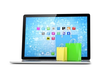 laptop and  shopping pags on white background. 3d rendering.