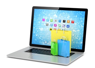 laptop and  shopping pags on white background. 3d rendering.