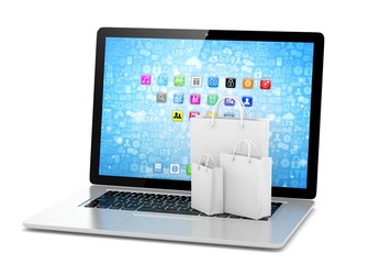 laptop and  shopping pags on white background. 3d rendering.
