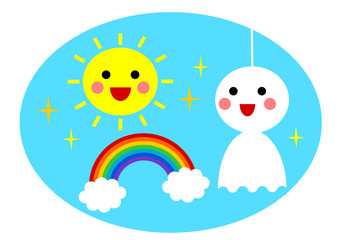 お天気のイラスト: てるてる坊主と太陽と虹