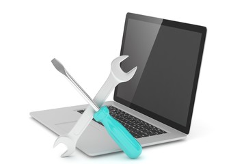 3D Illustration Wrench and screwdriver on laptop, service concept