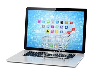 Shopping cart on laptop. 3d rendering.