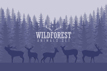 Illustration with trees and deer silhouettes