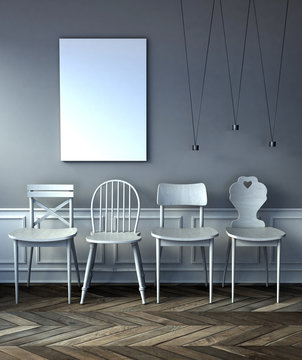 mock up poster frame in hipster interior with white chairs. . 3d rendering