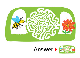 Maze puzzle for kids with bee and flower. Labyrinth illustration, solution included.