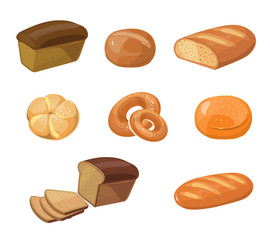 Bread bakery products vector cartoon icons. Food bakery bread icon and pastry bakery breakfast illustration