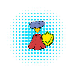 Volcano erruption and yellow shield with tick icon