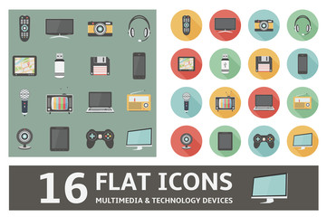 16 flat icons multimedia & technology devices