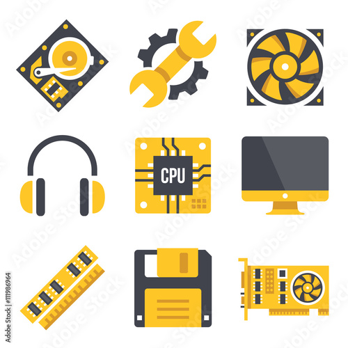 "Vector computer hardware icons set. Black and yellow colors. Computer