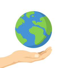 Planet in human hands. Hand palm and planet Earth. Ecology, environment issues, pollution concepts. Vector illustration