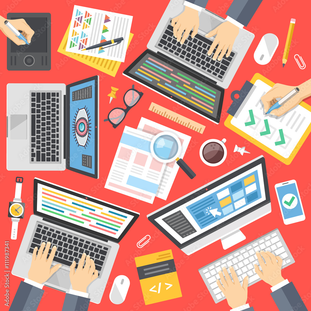 Poster programmers, web developers, designers at work. working process, web development, programming, teamw