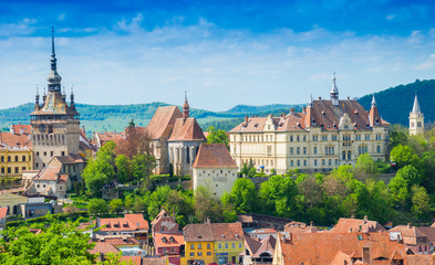 Beautiful cityscape over the medieval town of  Sighisoara, Romania - obrazy, fototapety, plakaty