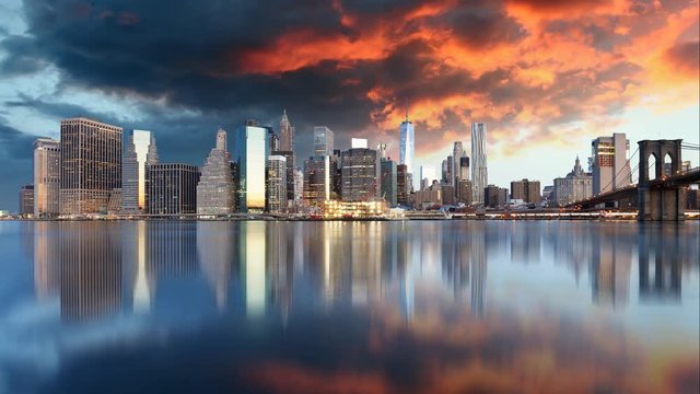 New York downtown panorama skyscrapers, Time lapse, USA.