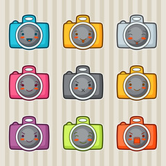 Kawaii doodle cameras set. Illustration of gadgets with various facial expression