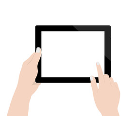 close up woman hand using digital tablet technology blank screen display on white background vector design