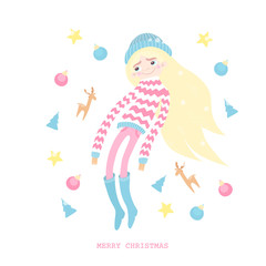 Christmas card with a girl in a sweater. It can be used as a greeting card, invitation, etc