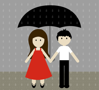 Girl and boy with umbrella in the pouring rain. Vector illustration. Boy and girl in a beautiful dress holding hands in the summer rain.