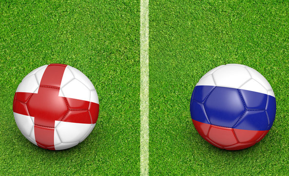 Team balls for England vs Russia football tournament match, 3D rendering