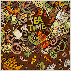 Cartoon hand-drawn doodles of cafe, coffee shop background