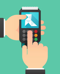 Person hands using a dataphone with  a paper bird