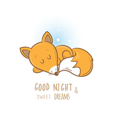 Card with cute cartoon sleeping fox. Little funny animal. Bedtime. Children's illustration. Vector image.