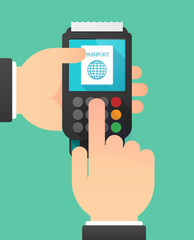 Person hands using a dataphone with  a passport