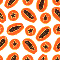 Bright tropical pattern with fruit - papaya, half of a sectional with seeds on a white background. Vector illustration.