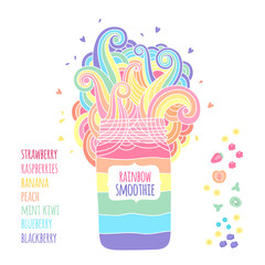 Mason jar with label for text. Bright rainbow smoothies of different fruits and berries. Fantasy illustration with colored waves. Hand draw style, vector.