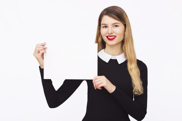 happy woman holding white blank paper