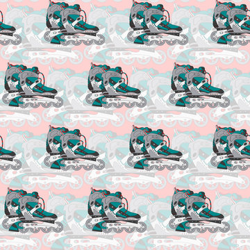 seamless pattern with roller skates on a pink background