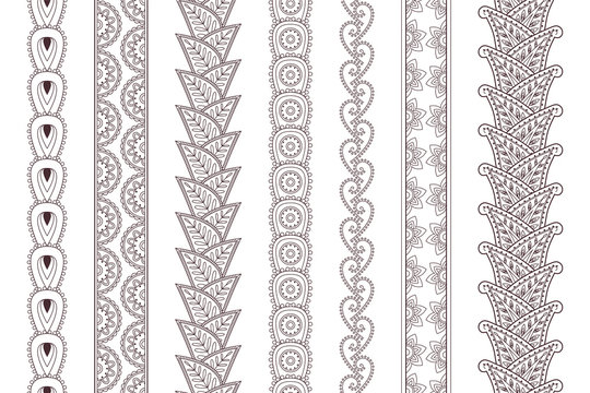 Set of paisley hand drawn henna tattoo borders