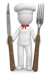 3d Männchen Koch mit Messer und Gabel präsentiert sein Restaurant und seine gute Küche