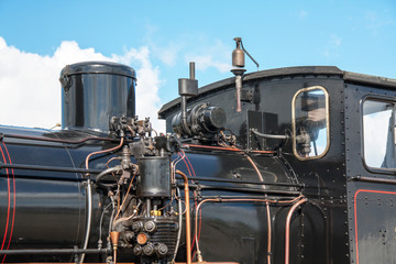 Poste de conduite sur locomotive &agrave; vapeur, monument historique, Baie de Somme, Picardie, France