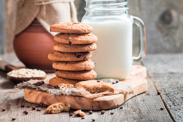 Chocolate chip cookies with milk