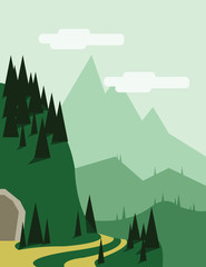 Abstract landscape with pine trees, an yellow curved road, a tunnel entry, green hills and mountains, over a light green background with white clouds. Digital vector image.
