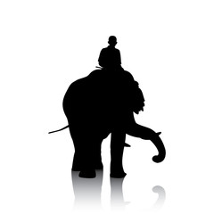 Naklejka premium Vector silhouettes of elephant and mahout young boy on white background