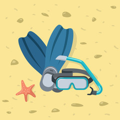 Snorkel equipment on a beach sand with sea star. Snorkel mask and flippers.