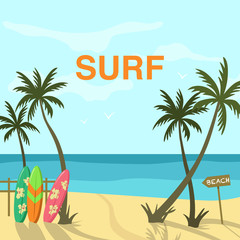 Beach scene with sea shore and ocean landscape and surfing boards with palm trees.