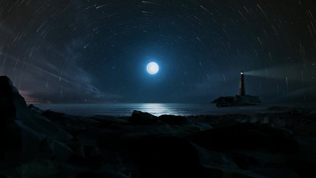 Lighthouse, sea and starry trails sky. (Loop)