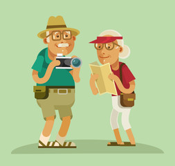 Grandparents tourists. Vector flat cartoon illustration