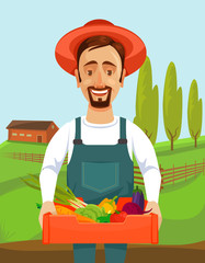 Happy farmer holds box with vegetables. Vector flat cartoon illustration