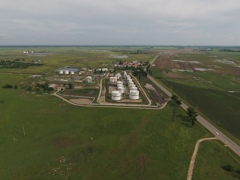 Aerial view of oil storage tanks