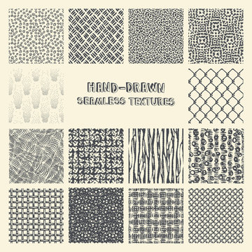 Set of hand drawn marker and ink seamless patterns.