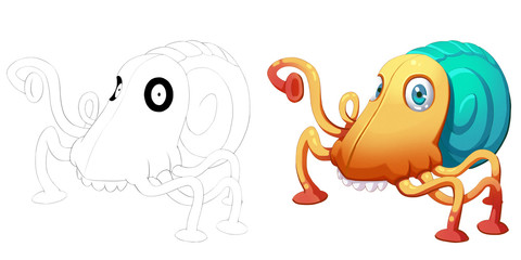 Coloring Book and Monster Creature Character Design Set 25: Beetle Octopus Face Snail Monster isolated on White Background Realistic Fantastic Cartoon Style Character Story Card Sticker Design
