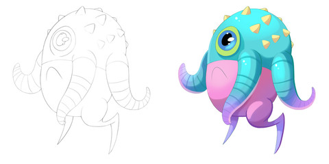 Coloring Book and Monster Creature Character Design Set 35 Elephant Octopus Tentacles Worm Creature isolated on White Background Realistic Fantastic Cartoon Style Character Story Card Sticker Design