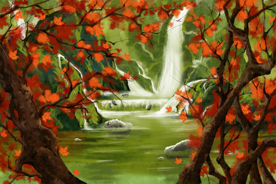 Watercolor Style Digital Artwork: Waterfall Forest with Red Leaves Tree. Realistic Fantastic Cartoon Style Character, Background, Wallpaper, Story, Card Design