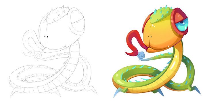 Coloring Book and Monster Creature Character Design Set 26: Big Eye Baby Head Snake Dragon Monster isolated on White Background Realistic Fantastic Cartoon Style Character Story Card Sticker Design
